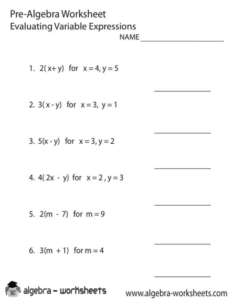 Pre-algebra worksheet with algebra problems and blanks
