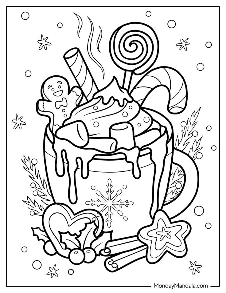 Holiday hot chocolate mug with candy and gingerbread cookie