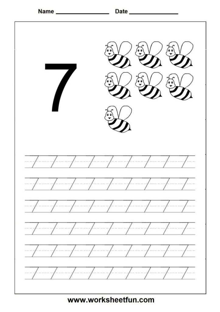 Number seven tracing worksheet with bees