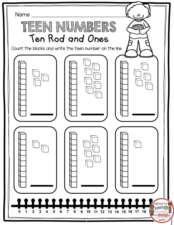 Teen numbers worksheet with blocks and number line