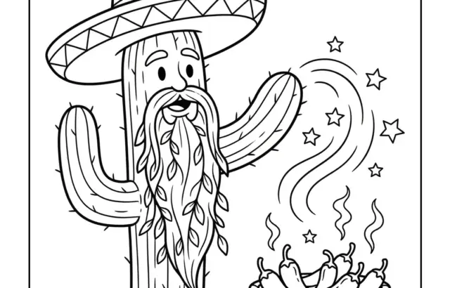 Coloring page of cactus wizard and chili basket