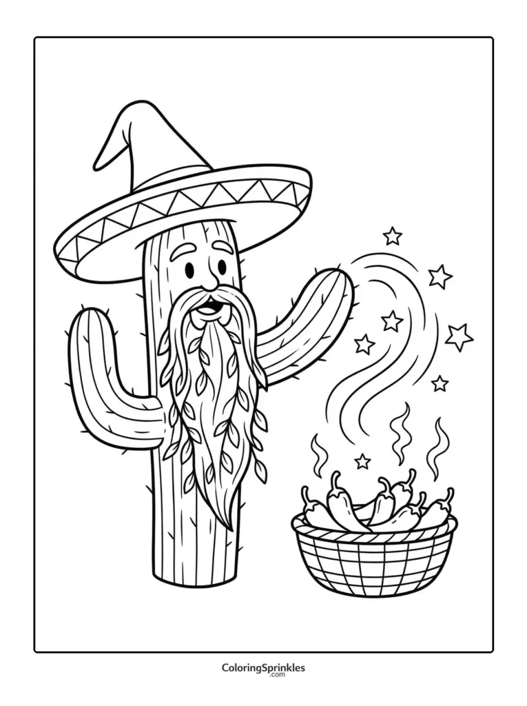 Coloring page of cactus wizard and chili basket