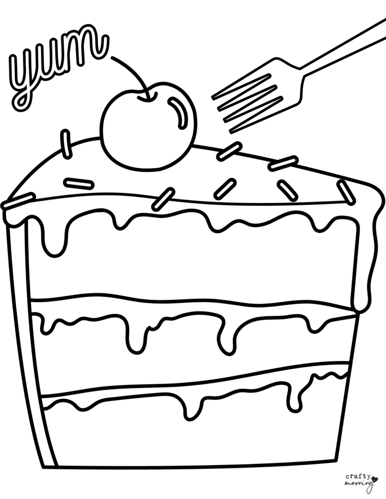 Black-and-white cake slice with cherry and fork outline