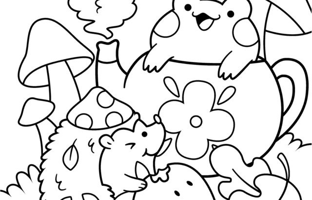 Cute frogs and mushrooms in black-and-white line art