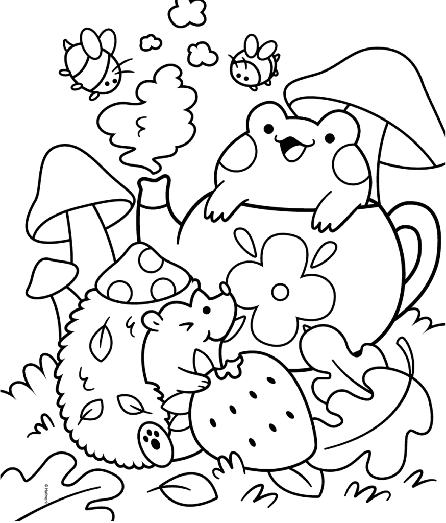 Cute frogs and mushrooms in black-and-white line art