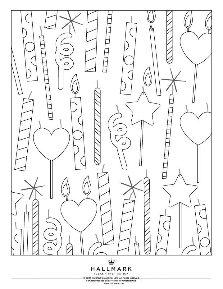 Black-and-white coloring page of birthday candles and lollipops