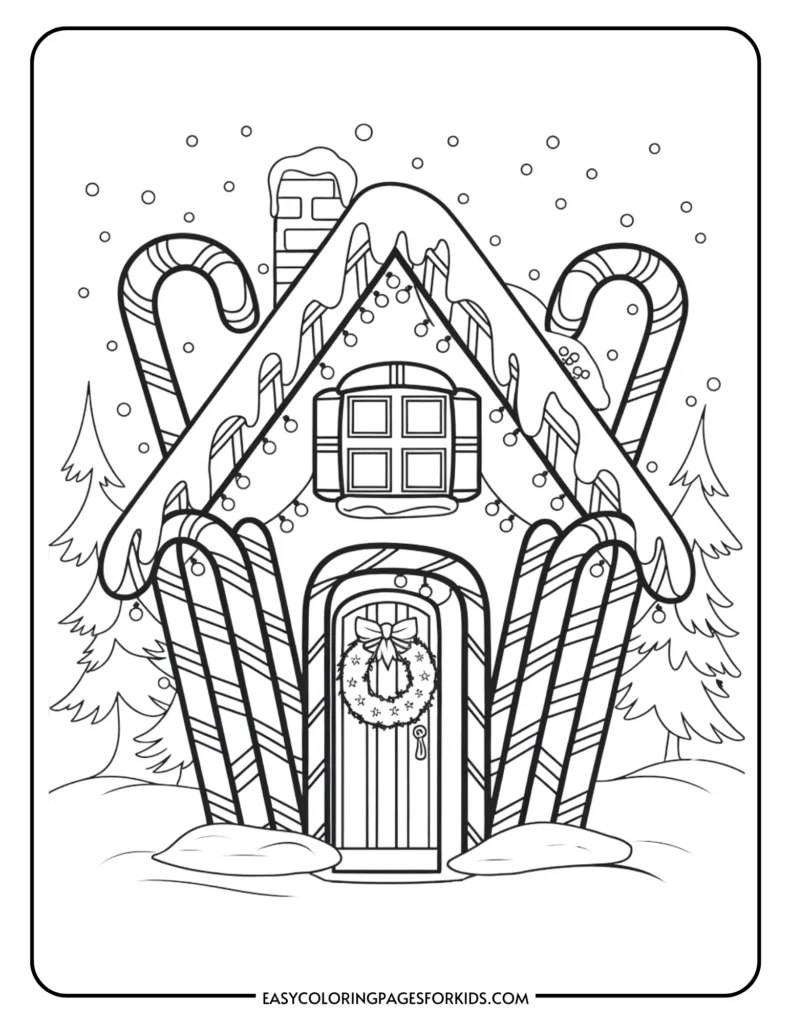 Candy cane house coloring page with snowy trees