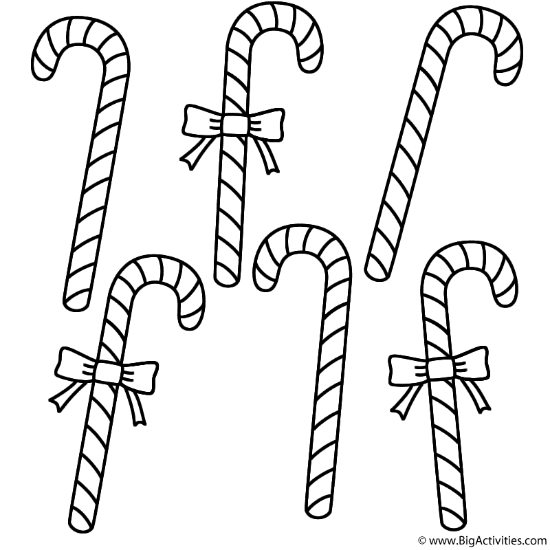 Black-and-white candy cane coloring page with bows