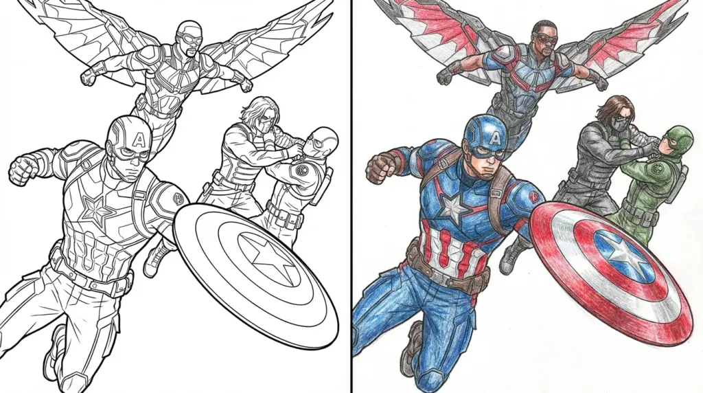 Captain America coloring page with three combat figures, wings, shield