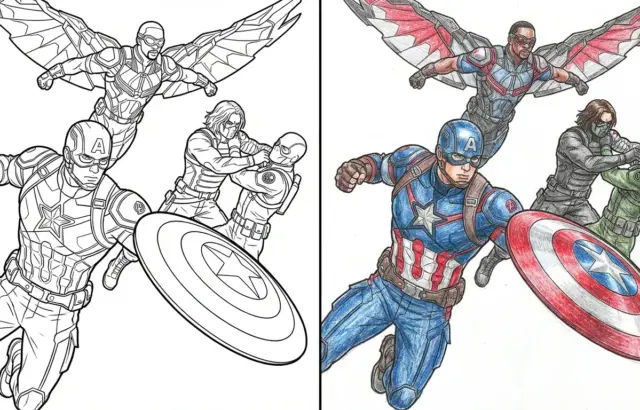 Captain America coloring page with three combat figures, wings, shield
