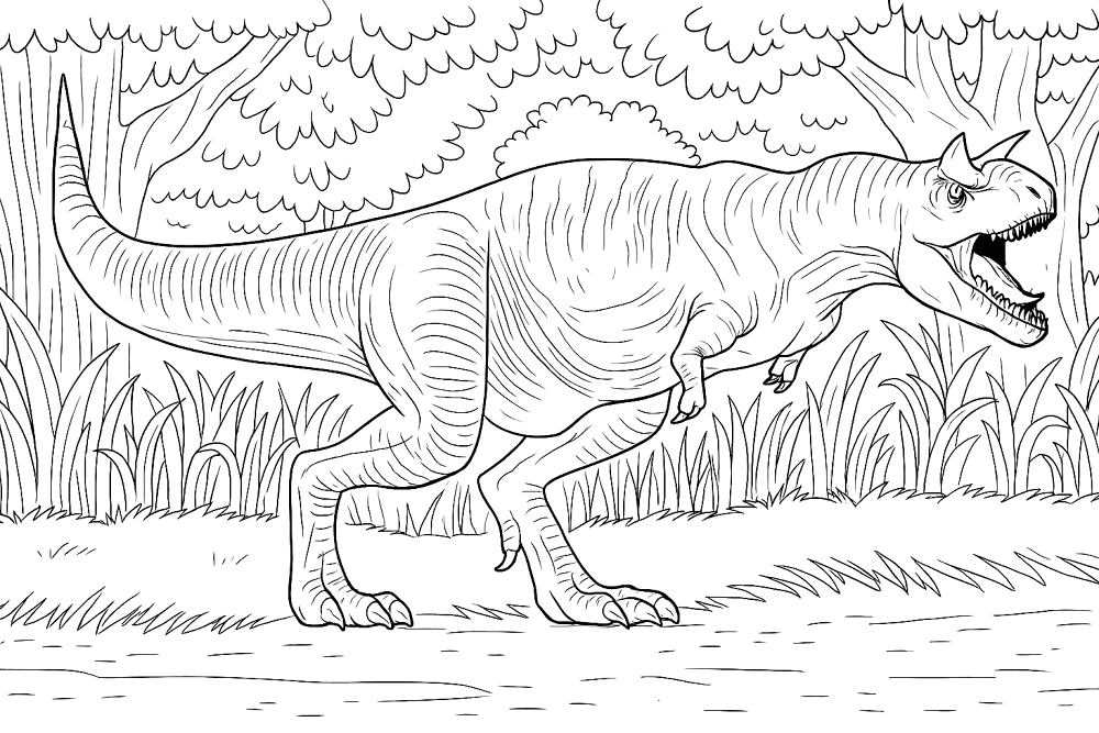 Black-and-white dinosaur coloring page in forest setting