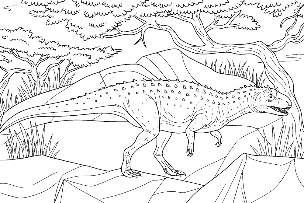 Spiky dinosaur standing among rocks and trees