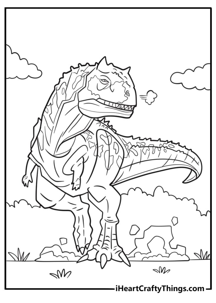 Black-and-white cartoon dinosaur coloring page with clouds and grass