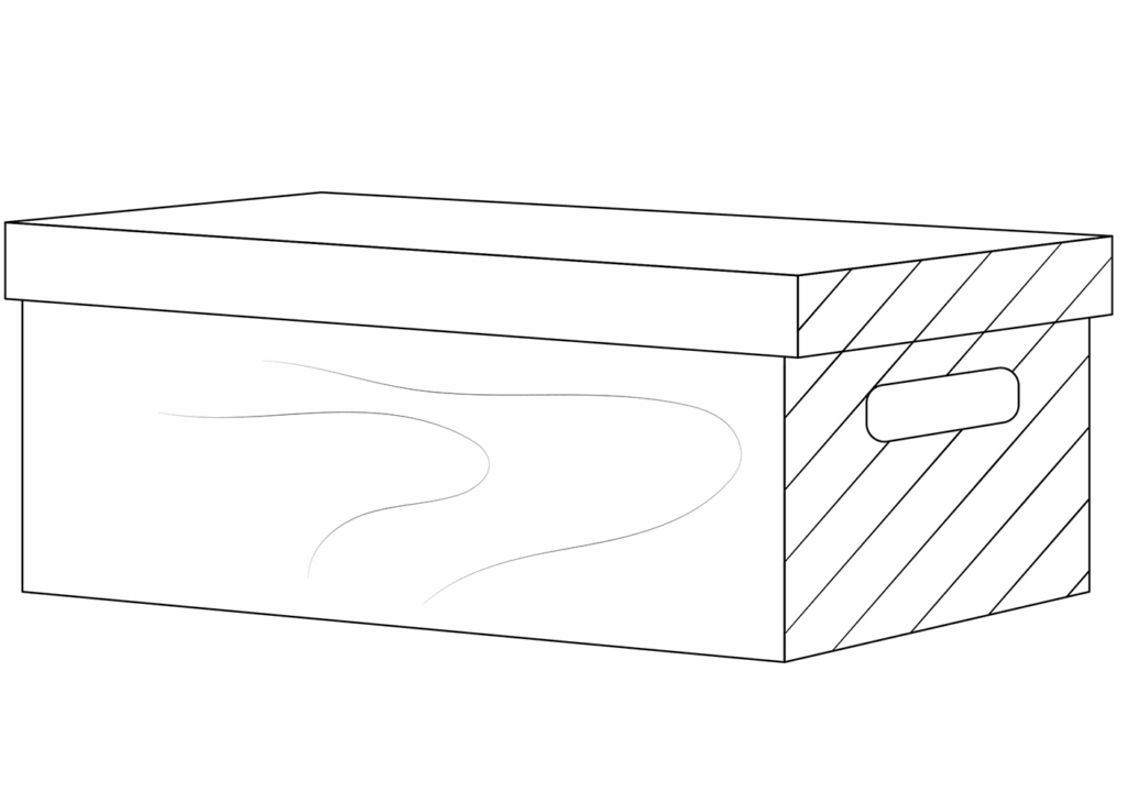 Outline drawing of a rectangular storage box with lid