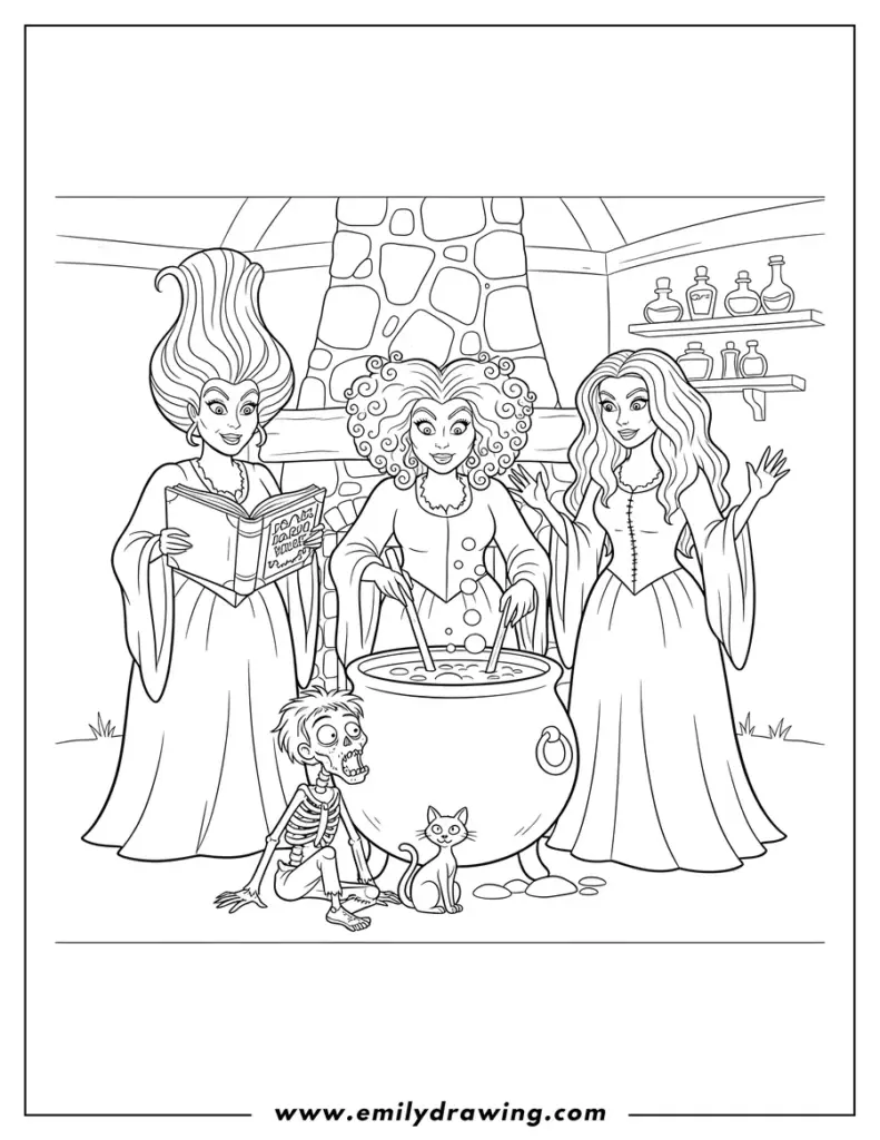 Three witches around a cauldron in kitchen