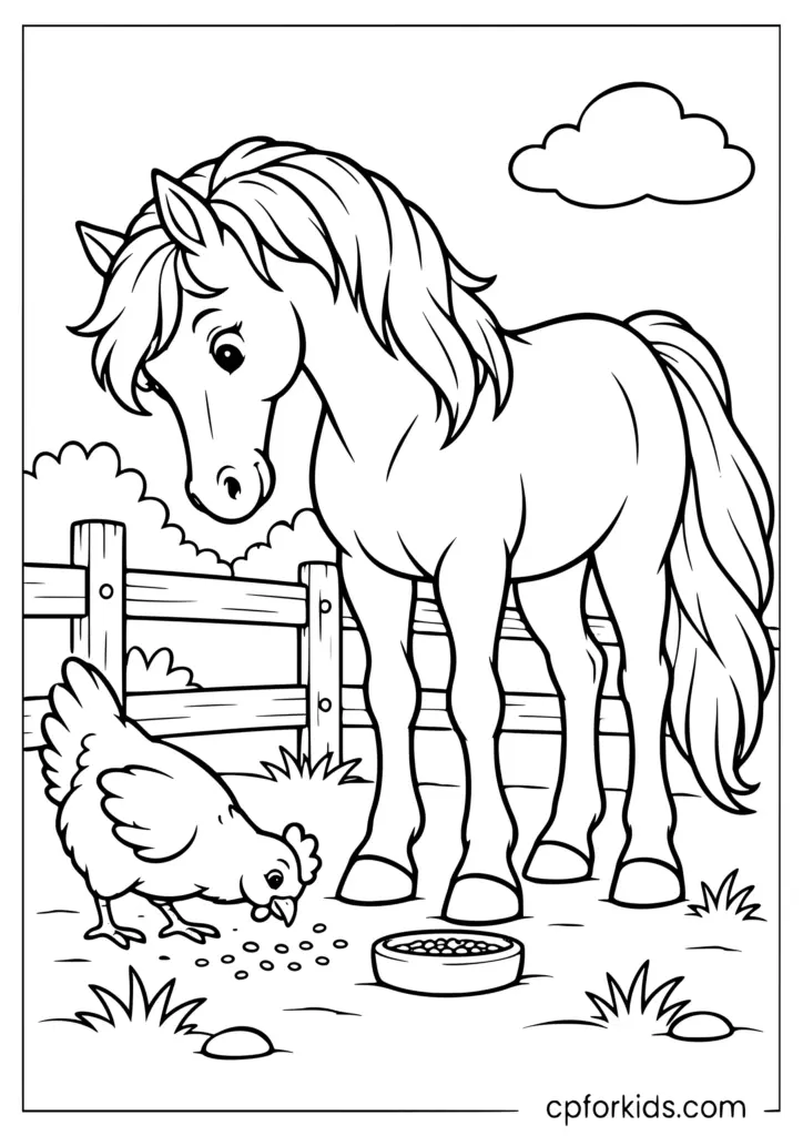 Horse standing by chicken and feed bowl in farmyard line art