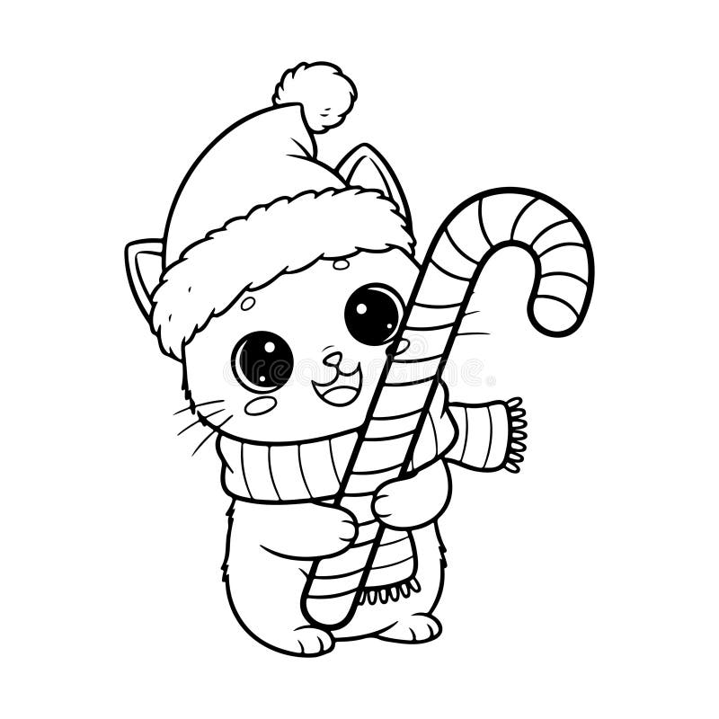 Cute cartoon cat holding a candy cane