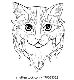 Black-and-white line drawing of a cat face