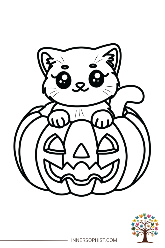 Cute kitten sitting on a jack-o'-lantern pumpkin