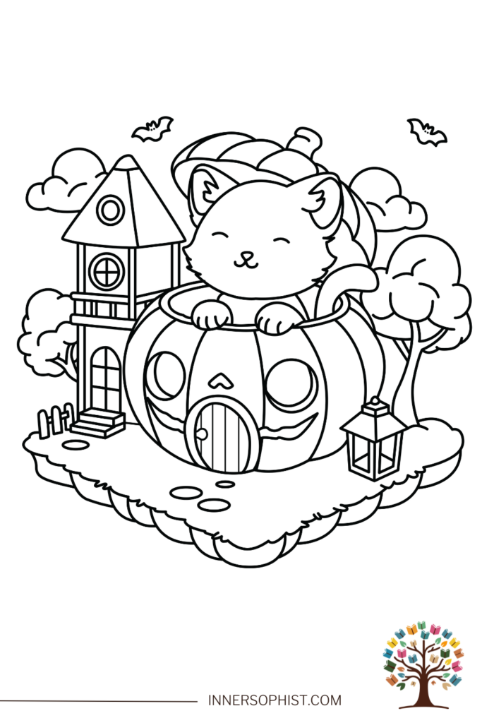 Cute cat peeking from pumpkin house, clouds and bats