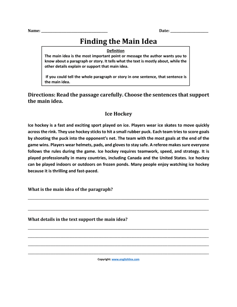 Worksheet page with Name and Date fields and Finding the Main Idea