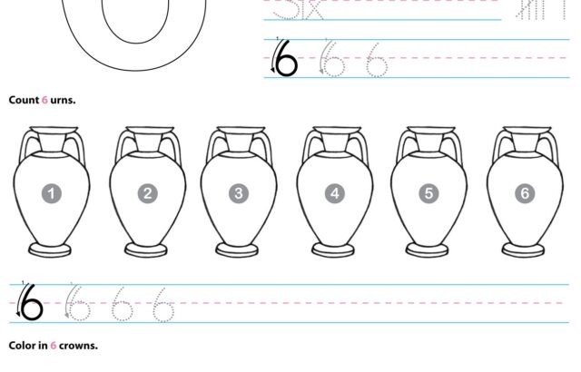 Number six worksheet with tracing and counting exercises