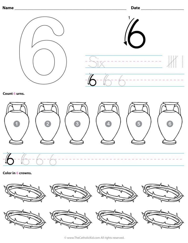 Number six worksheet with tracing and counting exercises