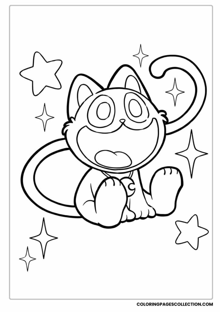 Cartoon cat coloring page with stars and sparkles