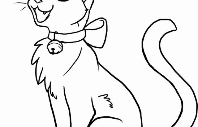 Line drawing of a sitting cat with collar and bell