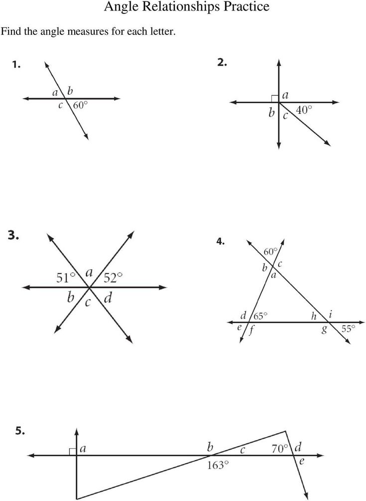 Angle relationships practice worksheet with five diagrams