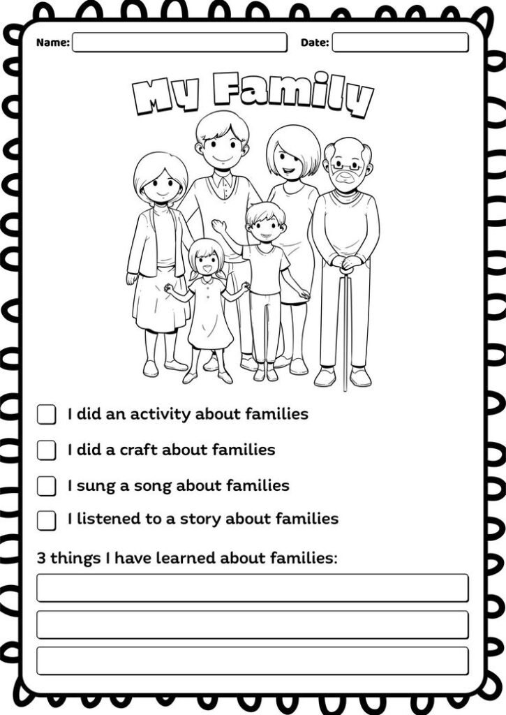 Black-and-white family worksheet with drawing and checkboxes