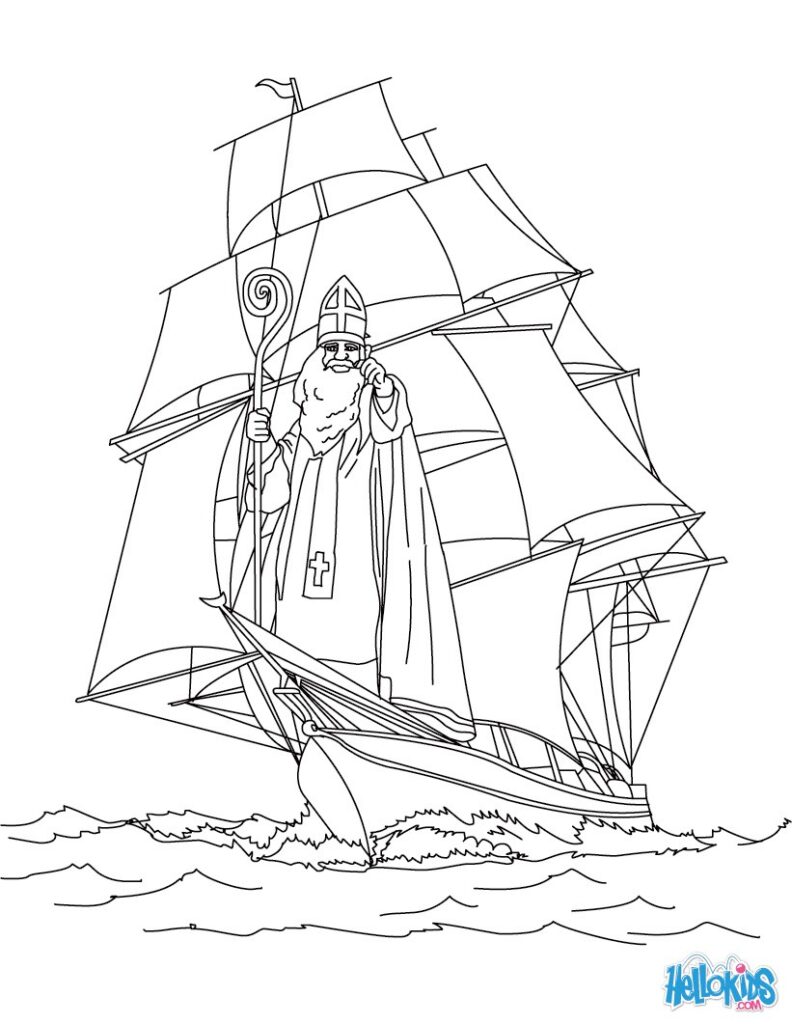 Line drawing of Saint Nicholas on a sailing ship