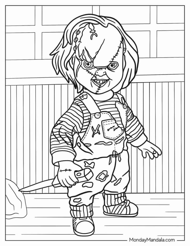 Coloring page of sinister doll holding a knife