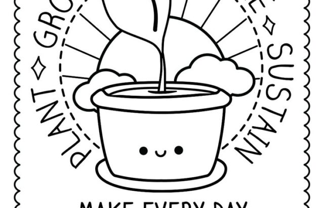 Coloring page with sprouting plant and Earth Day text