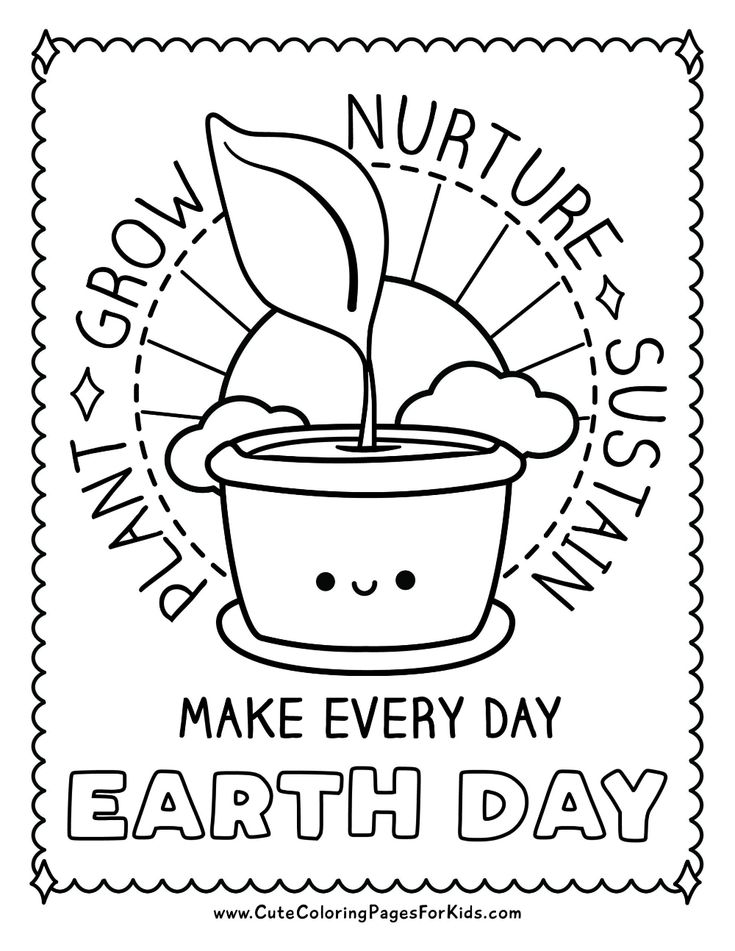 Coloring page with sprouting plant and Earth Day text