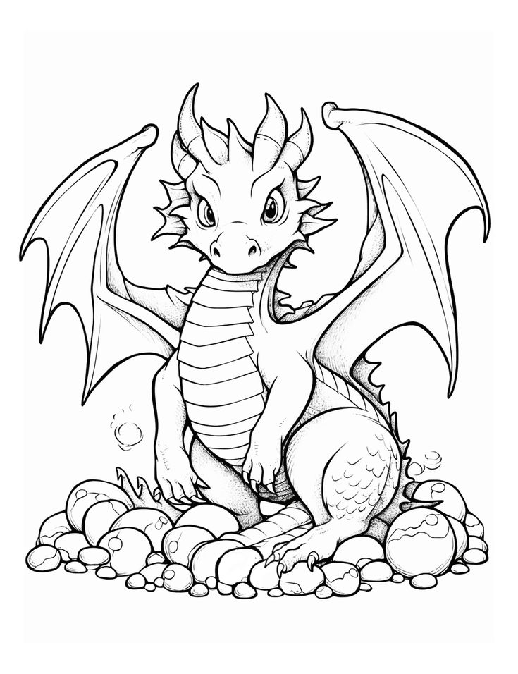 Cute baby dragon sitting on rocks, wings spread