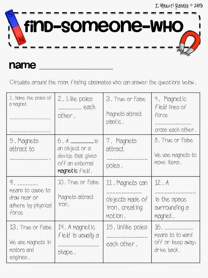 Magnet worksheet with fill-in-the-blank questions