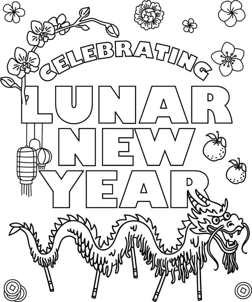 Lunar New Year coloring page with dragon and flowers