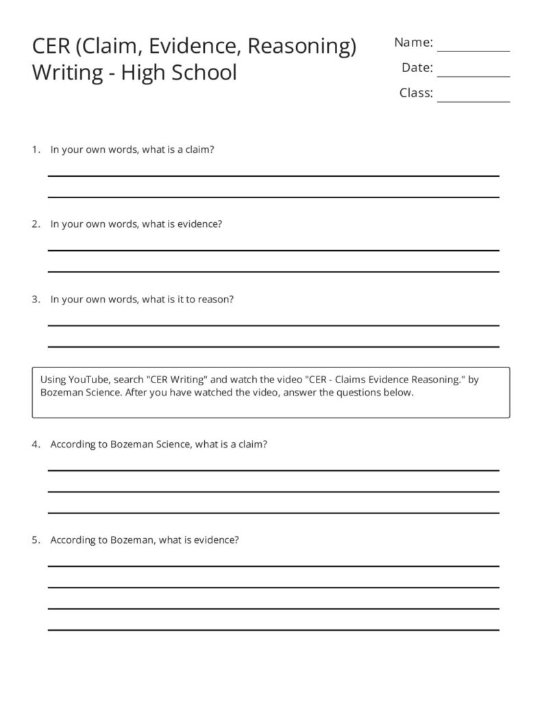 CER writing worksheet with questions and blank lines