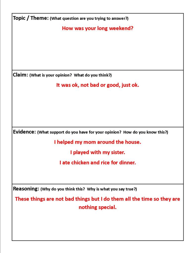 A claim evidence reasoning worksheet about a long weekend