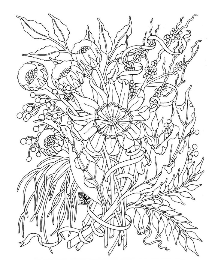 Black-and-white floral line drawing with tangled leaves