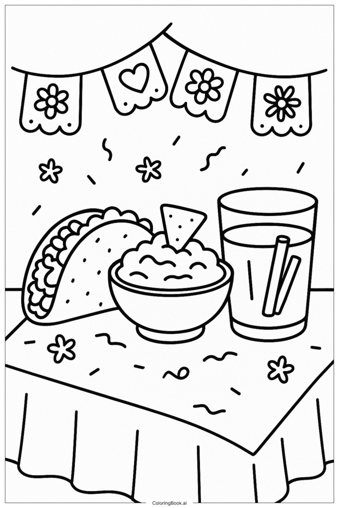 Taco, rice bowl, and drink on decorated table