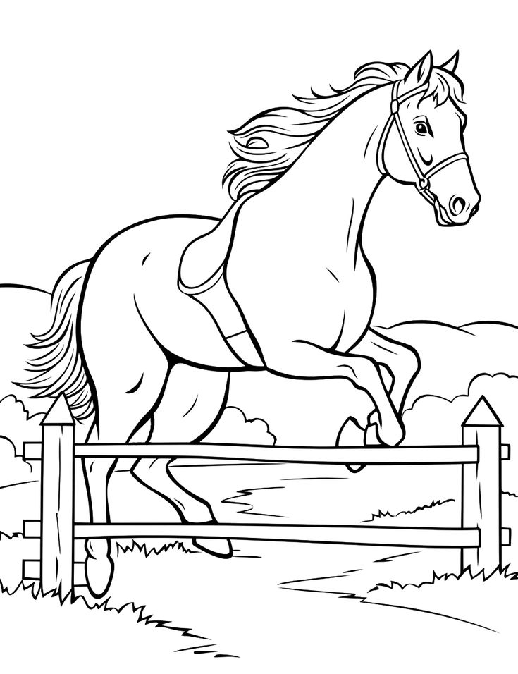 Black-and-white horse jumping over a fence outdoors