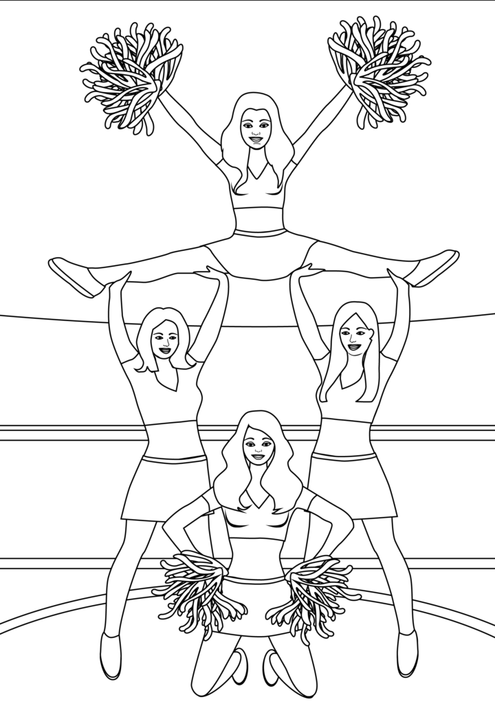 Five cheerleaders performing a pyramid with pom-poms