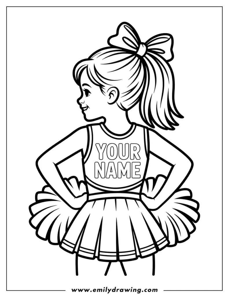 Black-and-white cheerleader coloring page with “YOUR NAME” shirt