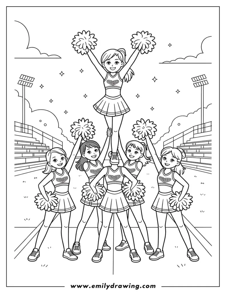 Cheerleading team performing a pyramid in stadium