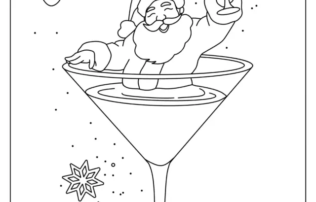 Santa in martini glass with cheers text and ornaments