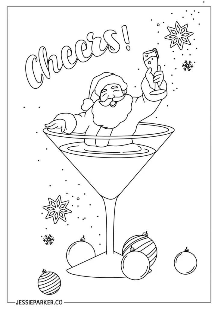 Santa in martini glass with cheers text and ornaments