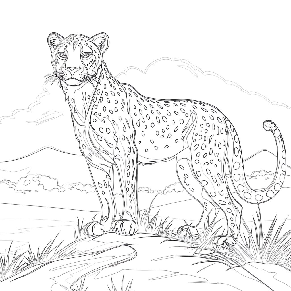 Line drawing of a cheetah standing on rocks outdoors