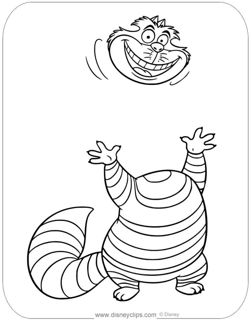 Line drawing of grinning cartoon cat with striped body and tail